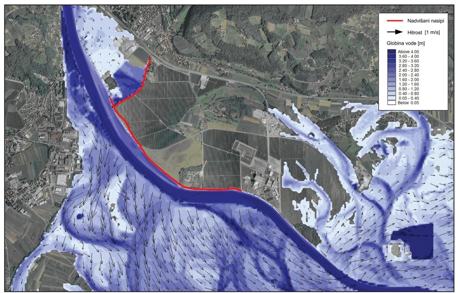 Prikaz razlivanja vode ob največji možni poplavi reke Save – situacija po zvišanju nasipov leta 2012. Rdeča črta prikazuje nasip, ki je bil zvišan tega leta.